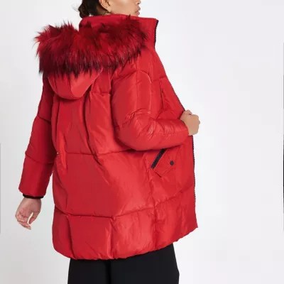 Red Faux Fur Trim Longline Puffer Jacket Coats Coats Jackets