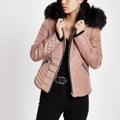 Pink faux fur hood satin puffer jacket Jackets Coats & Jackets women