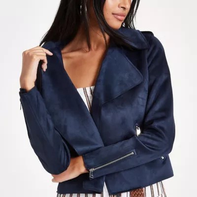 Navy blue faux suede cropped trench jacket Jackets Coats & Jackets