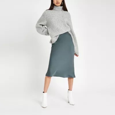 Dark blue bias cut midi skirt Midi Skirts Skirts women