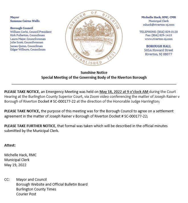 Sunshine Notice 5/18 Borough Of Riverton, NJ