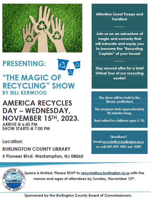 11/15 Burlington County Library 7pm America Recycles Day Show Borough Of Riverton, NJ