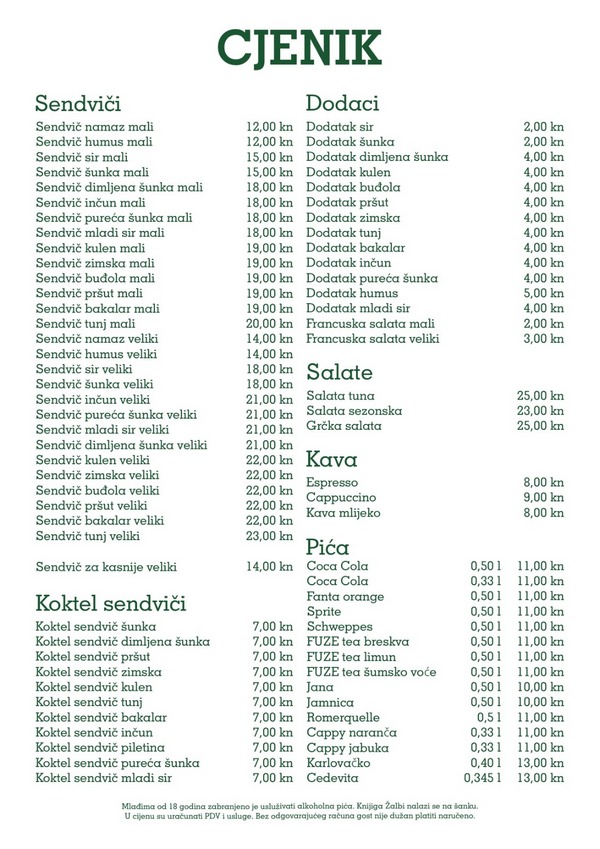 Cjenik Rizzo Sandwich Bar