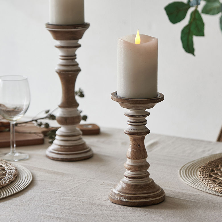 キャンドルスタンド ホワイトウォッシュ木製 ラウンド型 Sサイズ 約 W 12.7 × D 12.7 × H 20 cm キャンドルホルダー