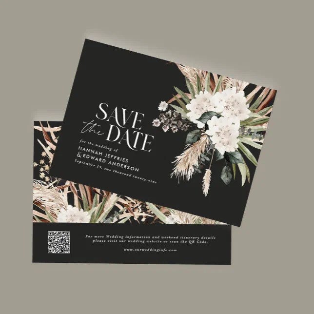 Modern rustic black eucalyptus botanical QR code Save The Date Zazzle
