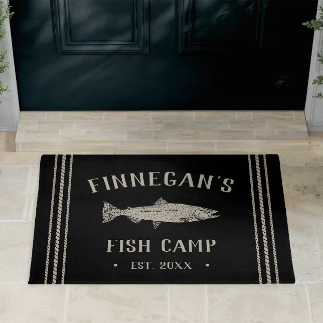 Rustic Black Personalized Fishing Cabin Doormat Zazzle