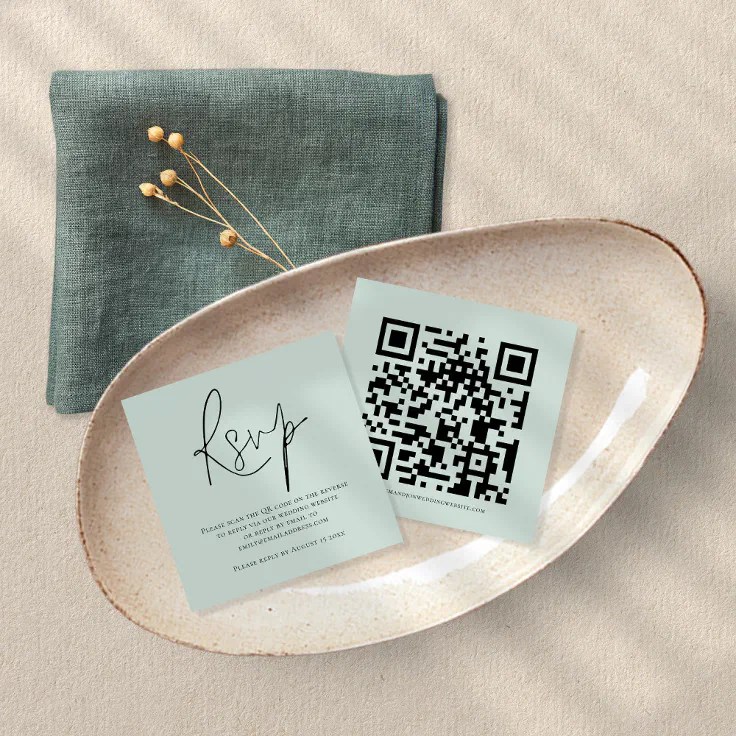 Script QR Code Mint Green Wedding RSVP Enclosure Card Zazzle