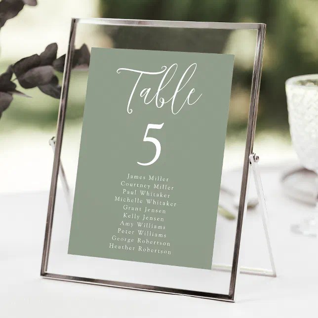 Simple Sage Green Table Number Seating Chart Zazzle