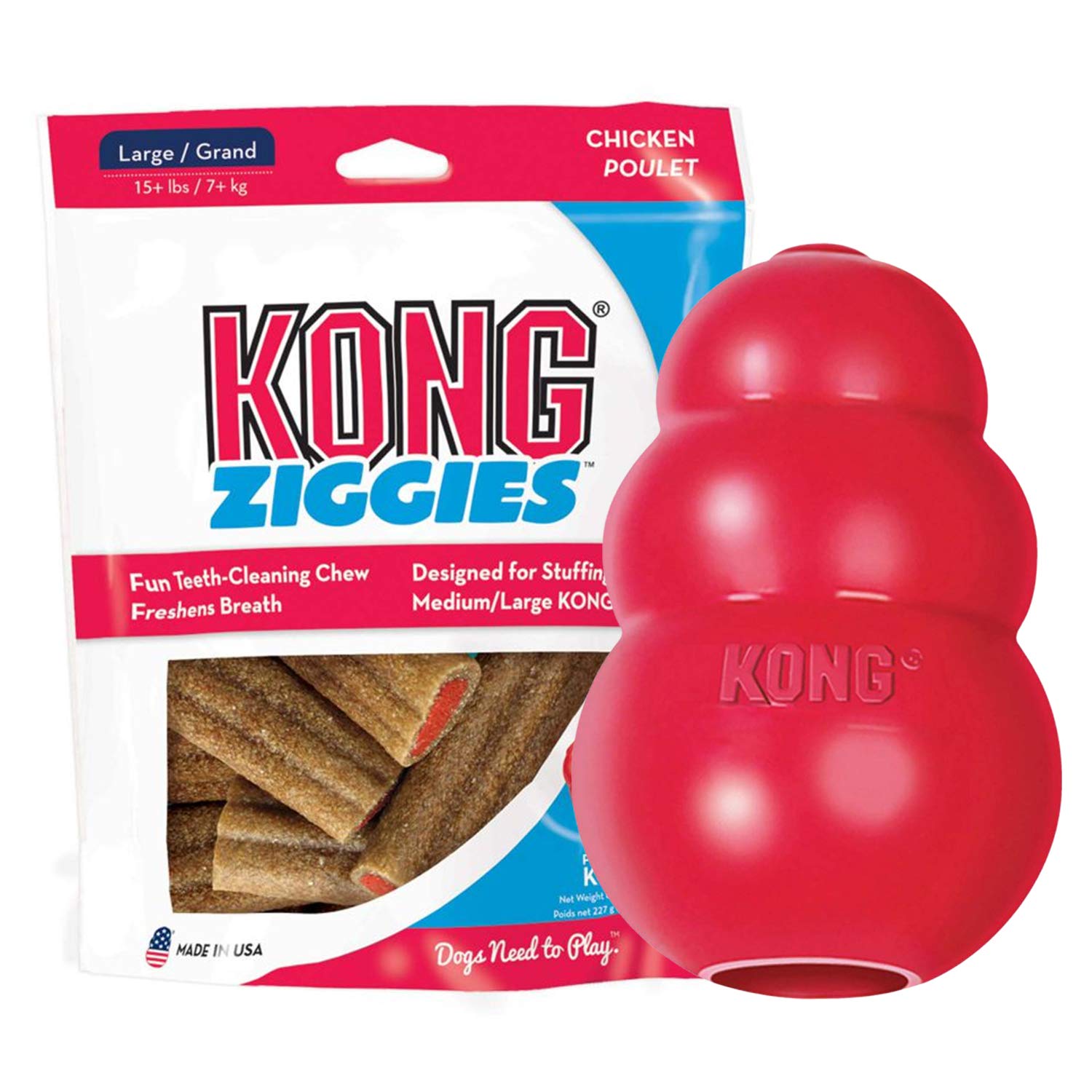 KONG Classic and Ziggies Dog Chew Toy with Dog Treats for Medium