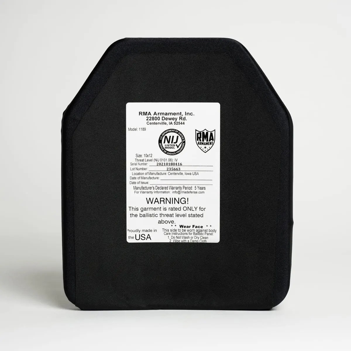 Level IV Hard Armor Plate (Model 1189) NIJ .06 Certified RMA