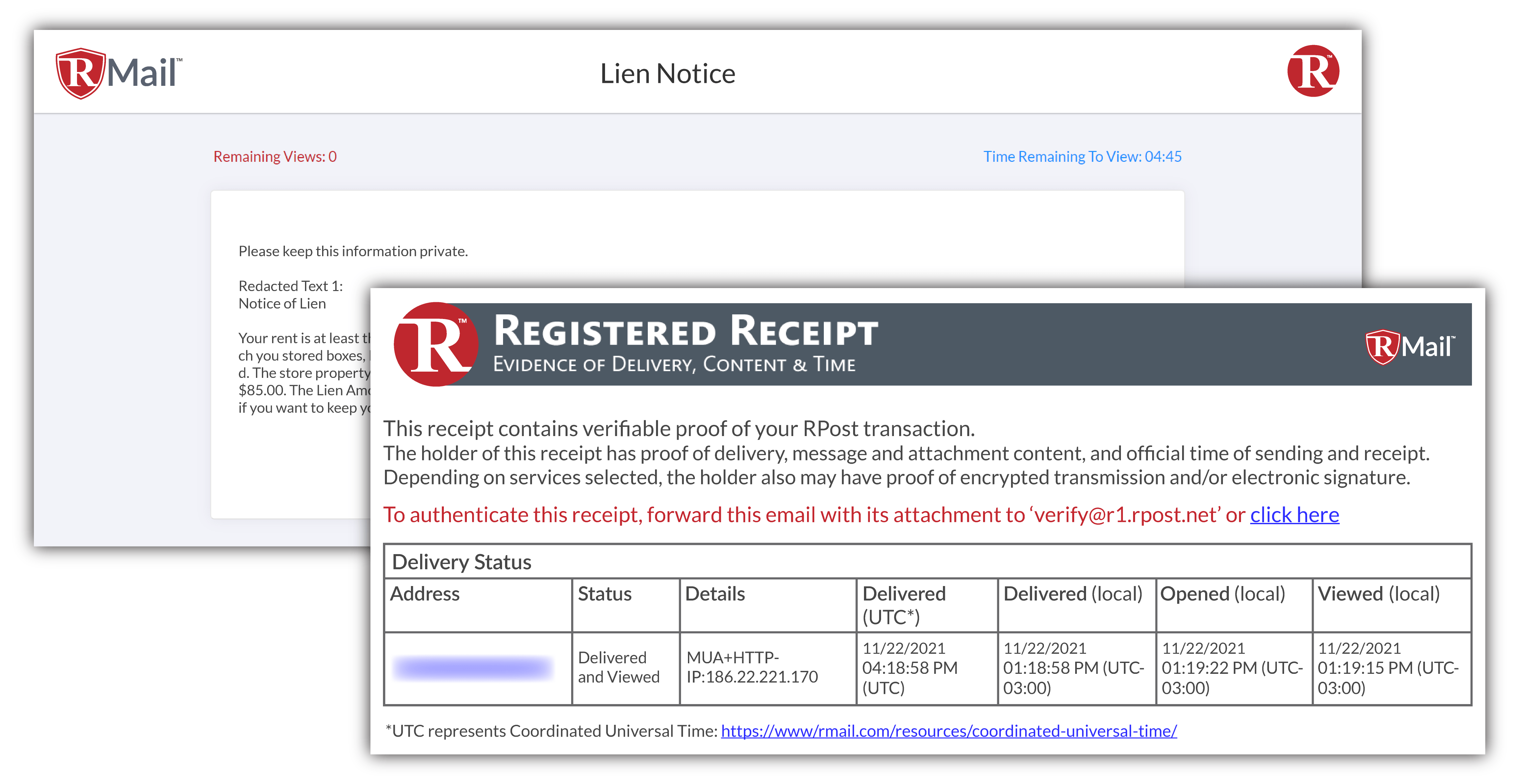 Legal Proof® Email Content Delivered RMail