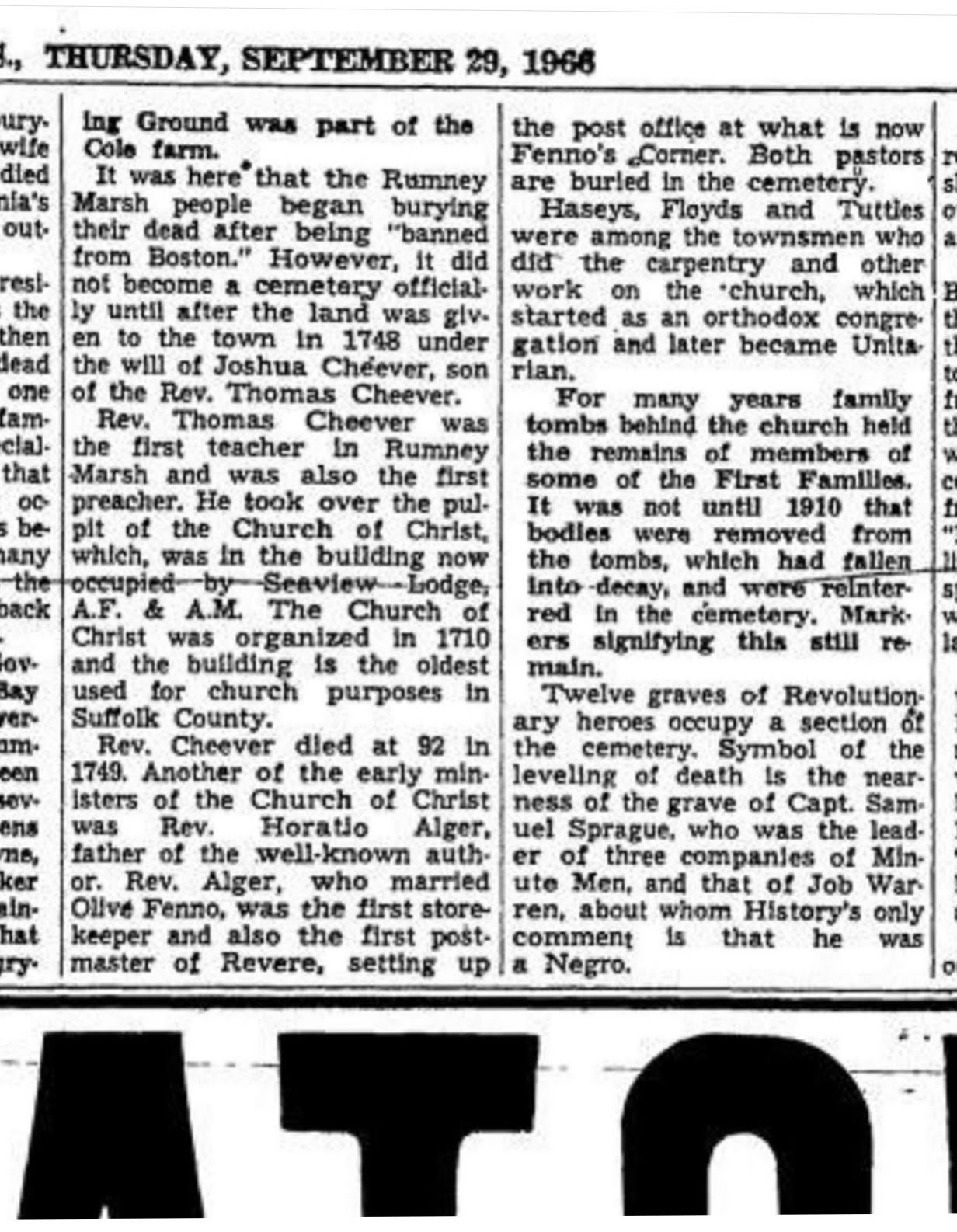 RMBG Article From The Revere Journal, September 29, 1966