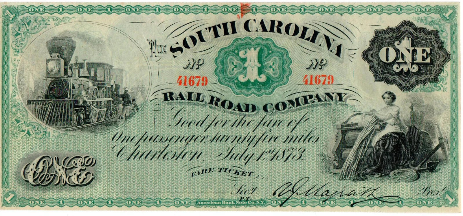 1873 South Carolina Railroad Company One Fare Ticket Rocky Mountain