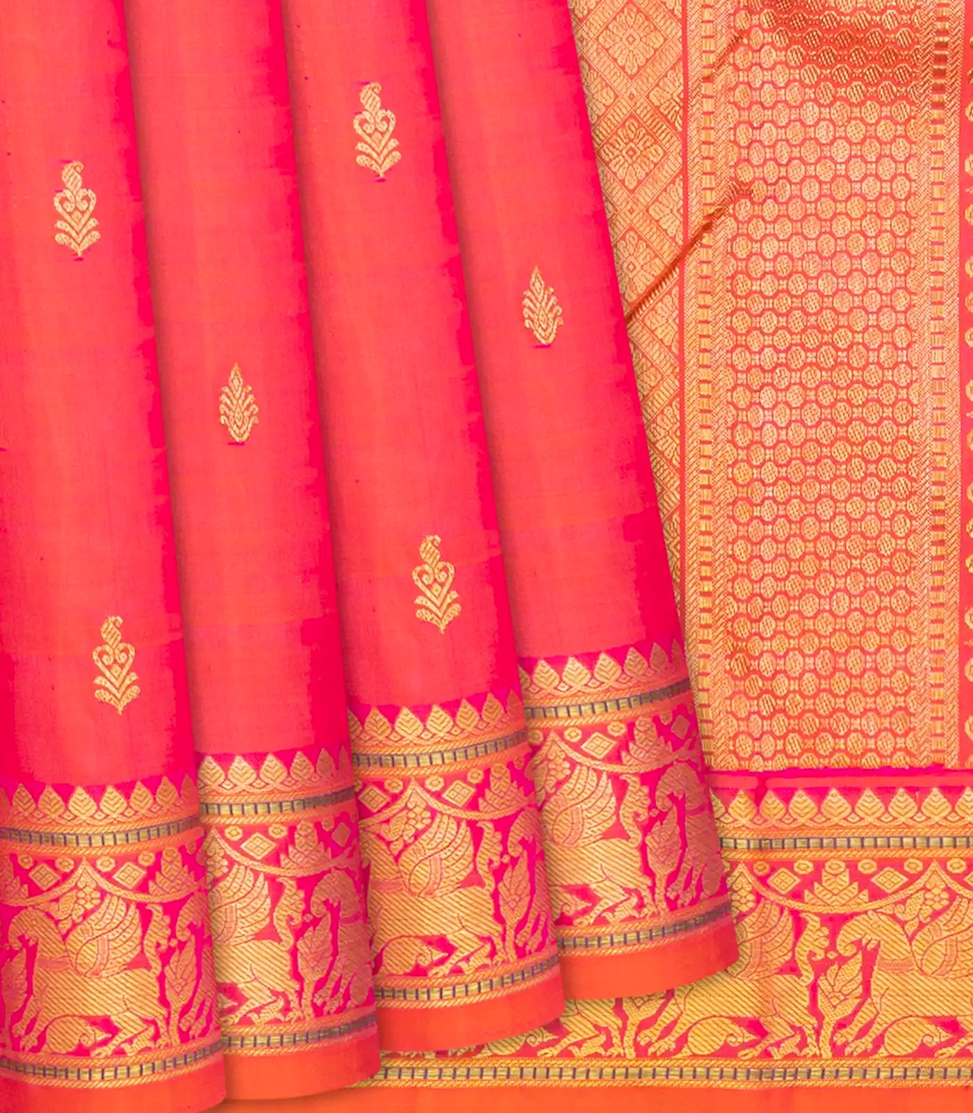Peach Handloom Kanchipuram Silk Saree With Floral Buttas RmKV Silks