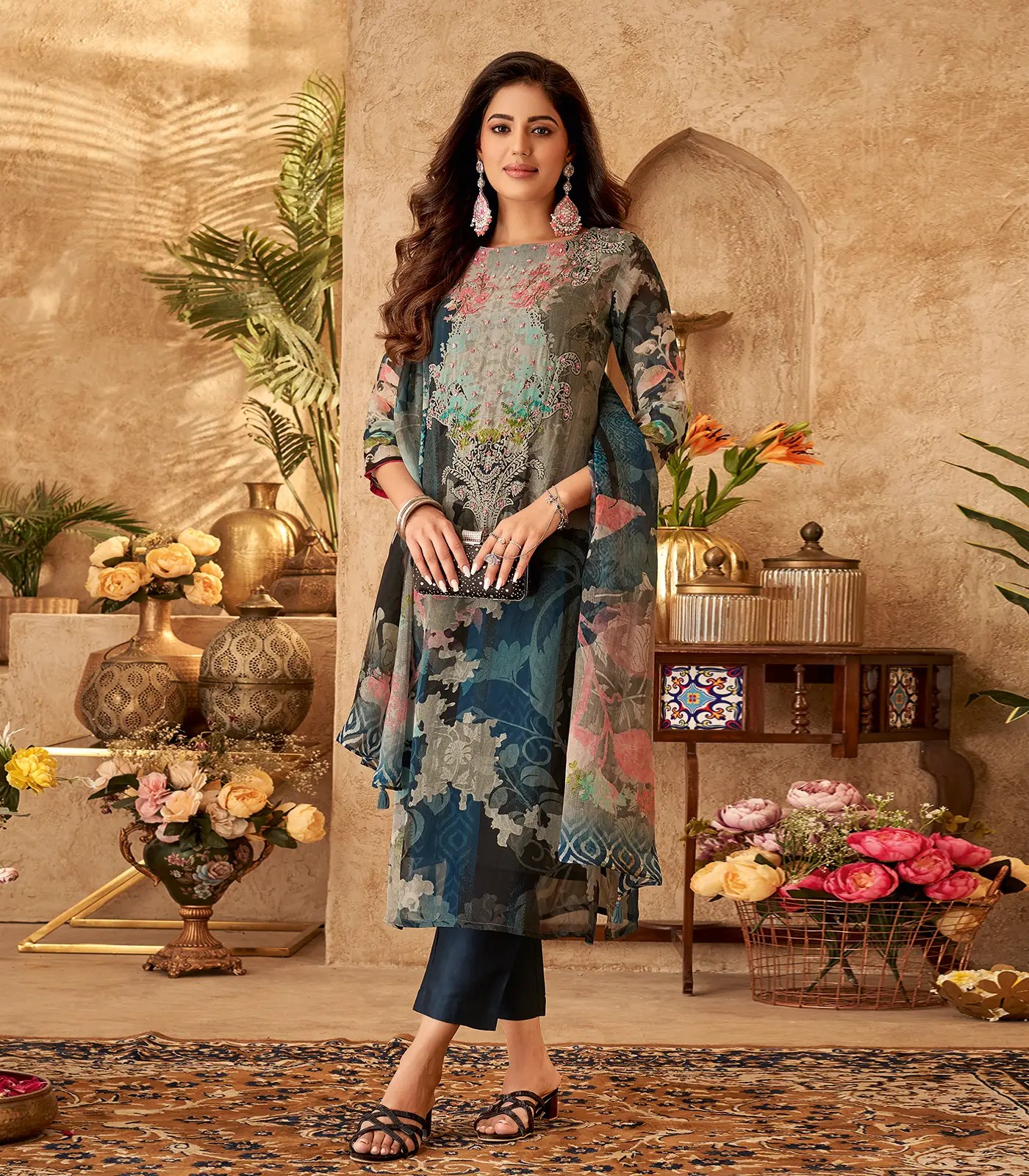 Multicolor teal floral kurta set matching dupatta RmKV Silks