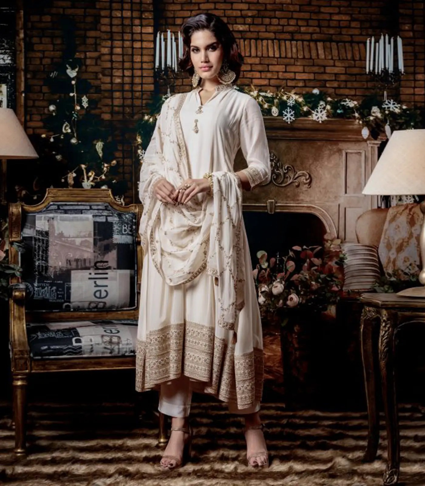 Ivory and gold ethnic anarkali suit RmKV Silks