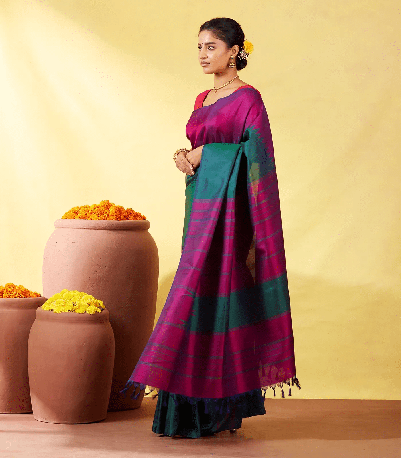 Teal Handloom Kanchipuram Rising Border Silk Saree RmKV Silks