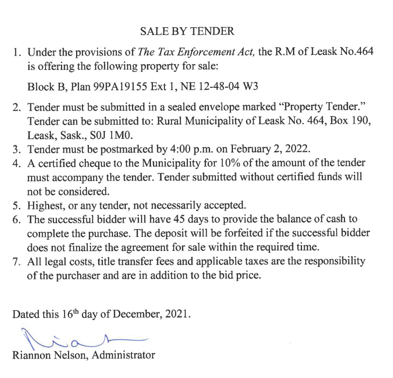 Property Sale By Tender RM Leask 464