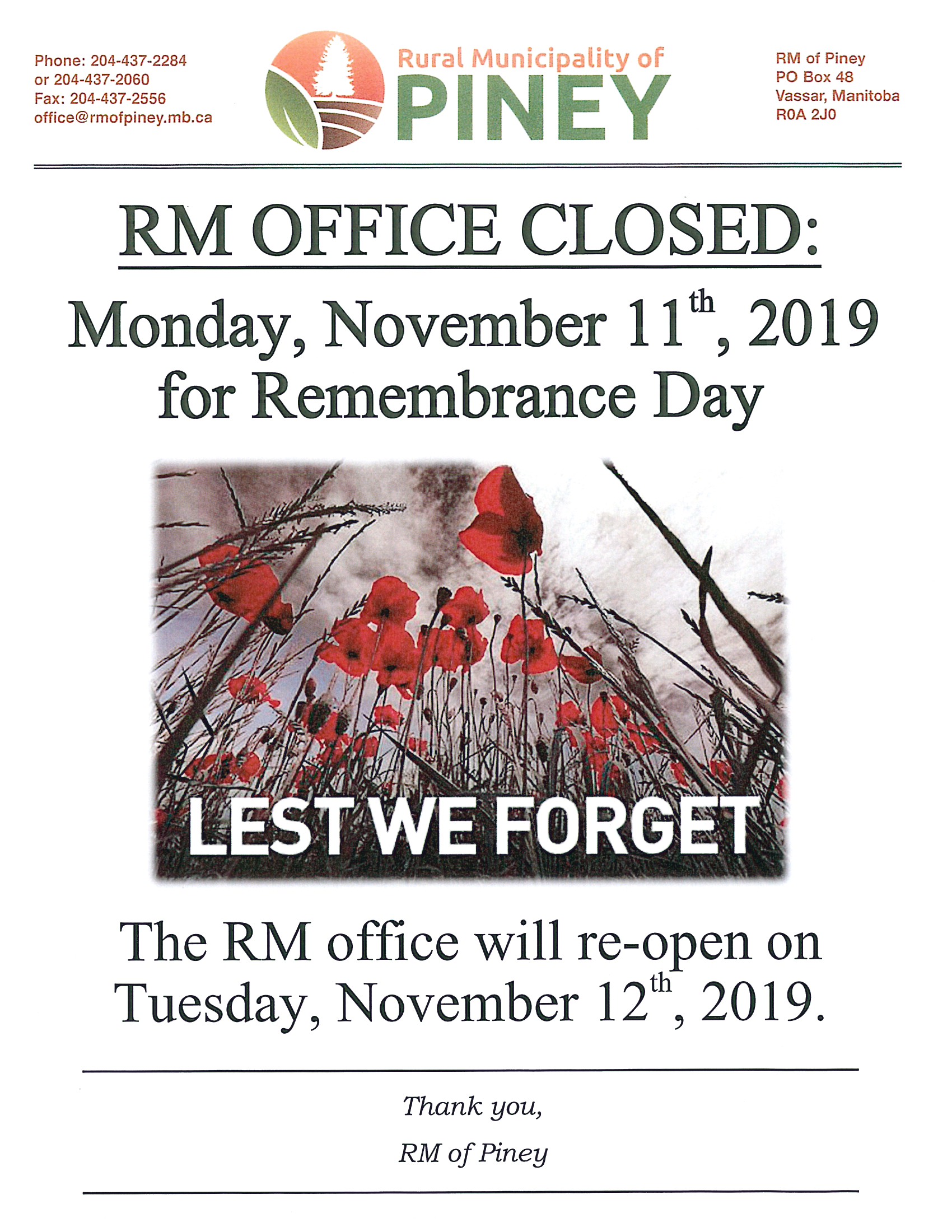 Remembrance Day Office Closure Rural Municipality of Piney