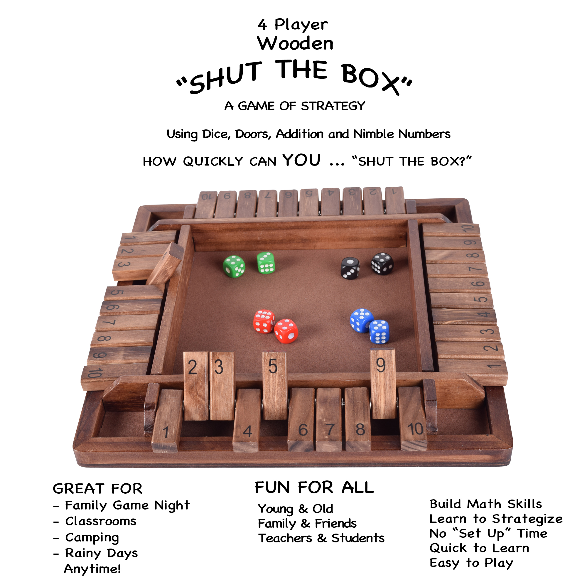 4 Player Wooden Shut The Box Game RNK Gaming