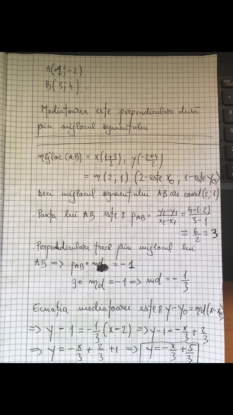 Determinati ecuatia mediatoarei segmentului AB unde A(1,2) iar B(3,4