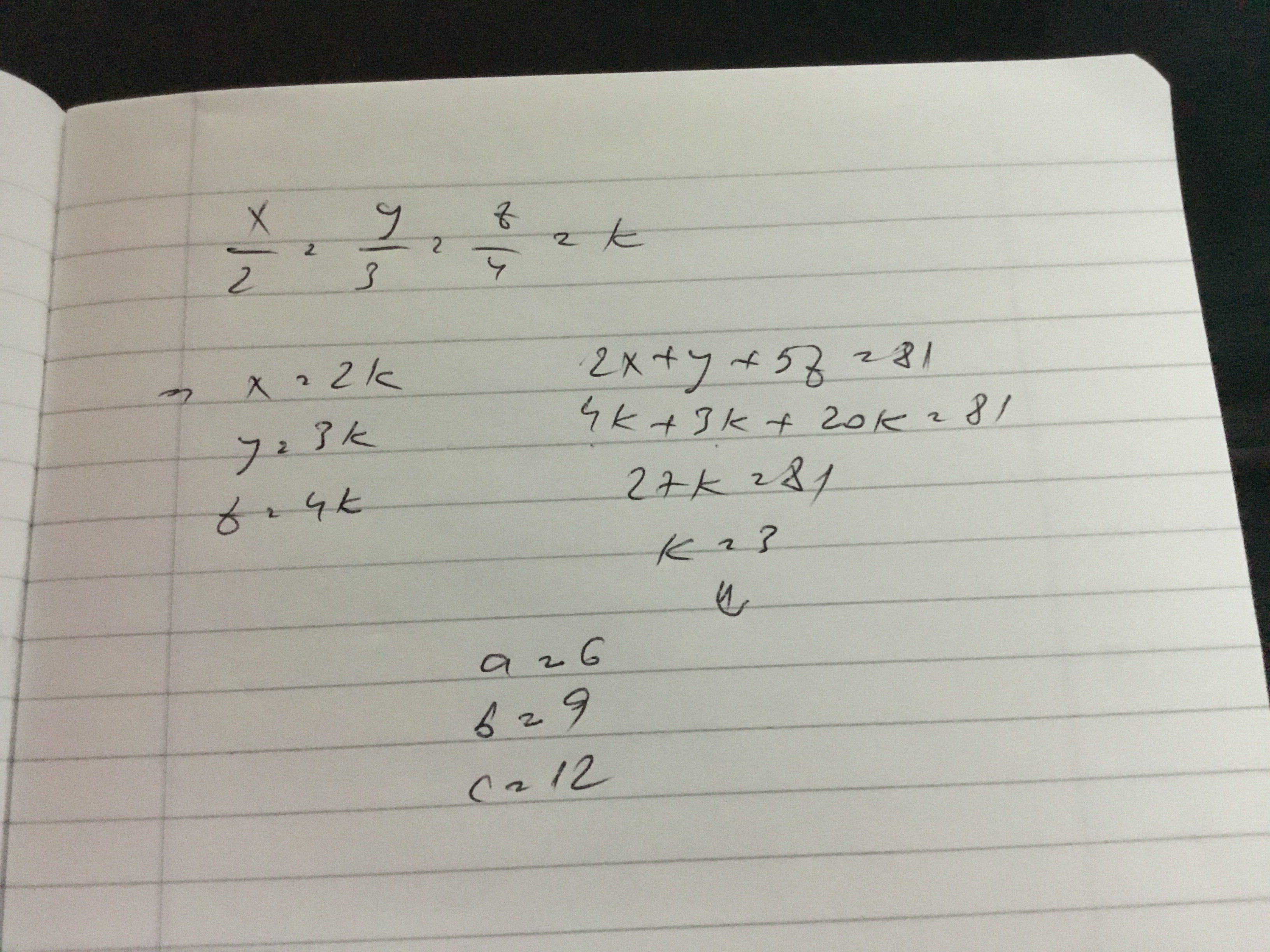 Determinati numerele x,y,z stiind ca x/2 = y/3 = z/4 si 2x + y + 5z