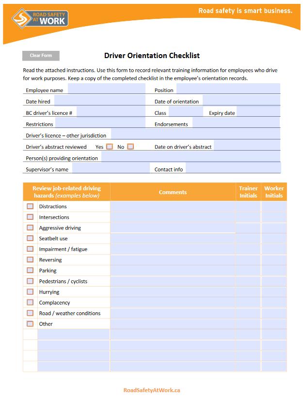 Driver Orientation Checklist fillable Road Safety at Work