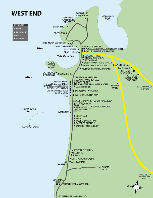 Roatan Maps, West End, West Bay Beach, Sandy Bay, Coxen Hole, French
