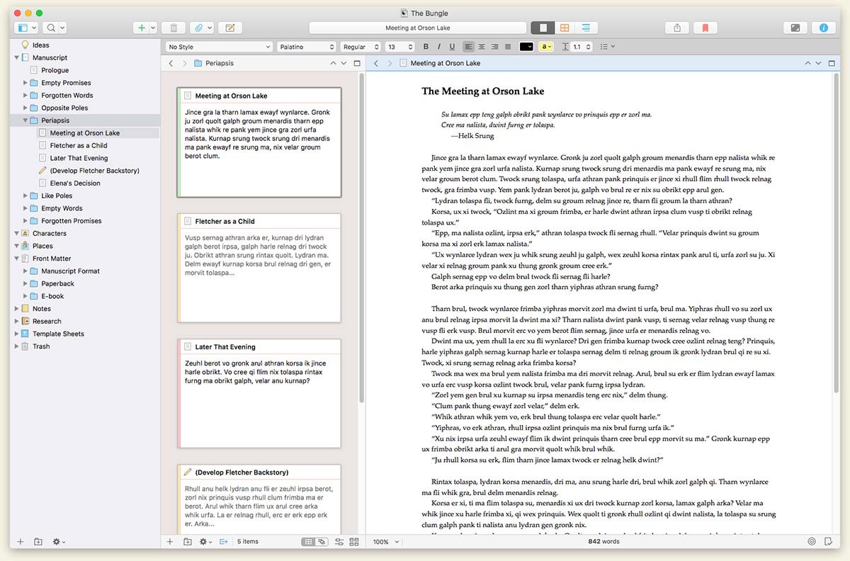 scrivener 3 for macOS, stolen without shame from https://www.literatureandlatte.com/scrivener/overview