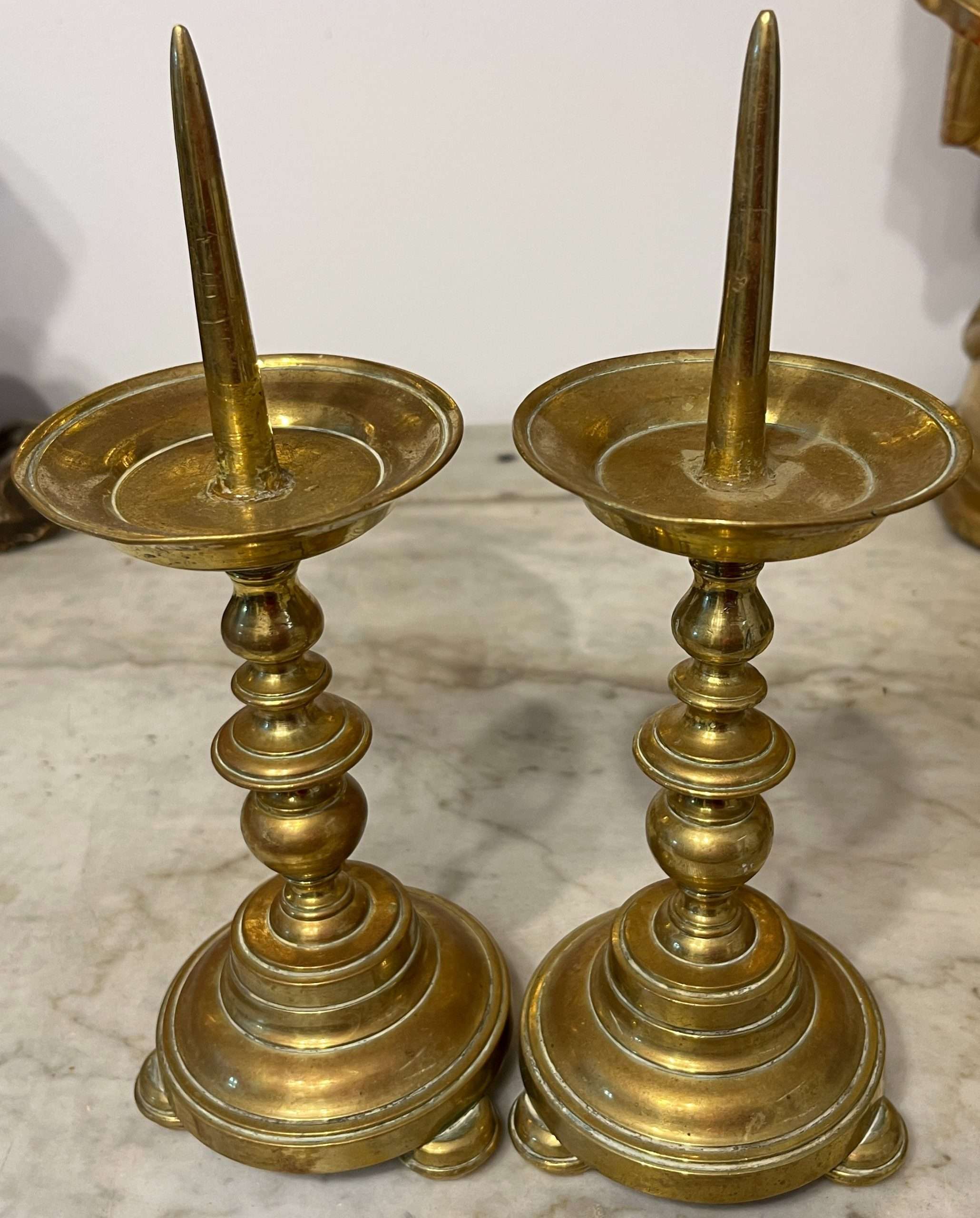 Pair early brass Candlesticks candle prickett sticks , Possibly Flemish
