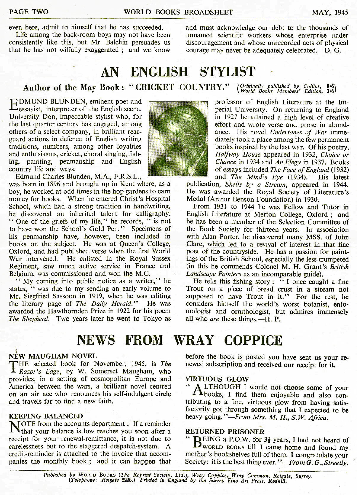 'Broadsheet' Wray Coppice Wartime 'World Books' 1945