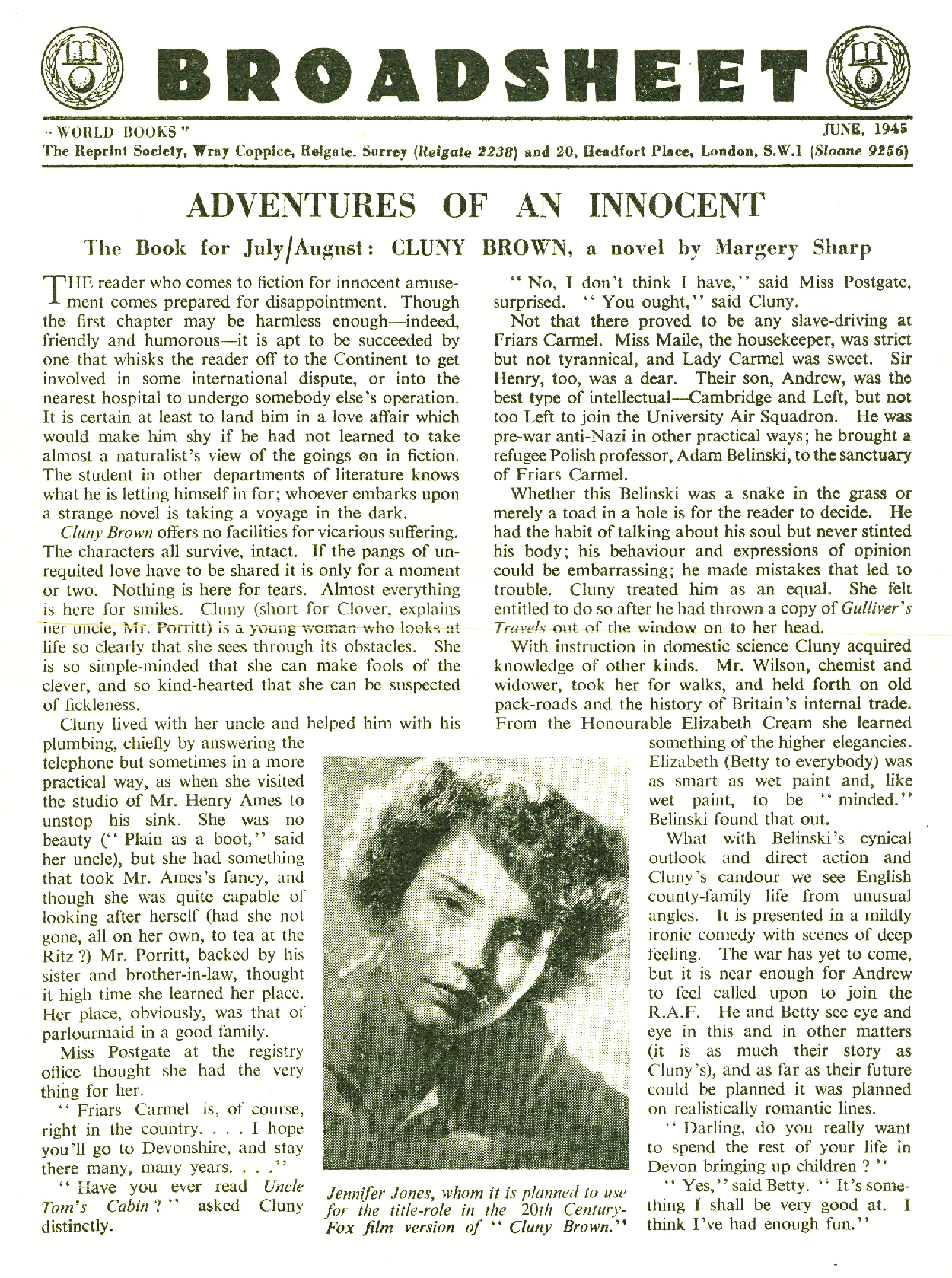 'Broadsheet' Wray Coppice Wartime 'World Books' 1945