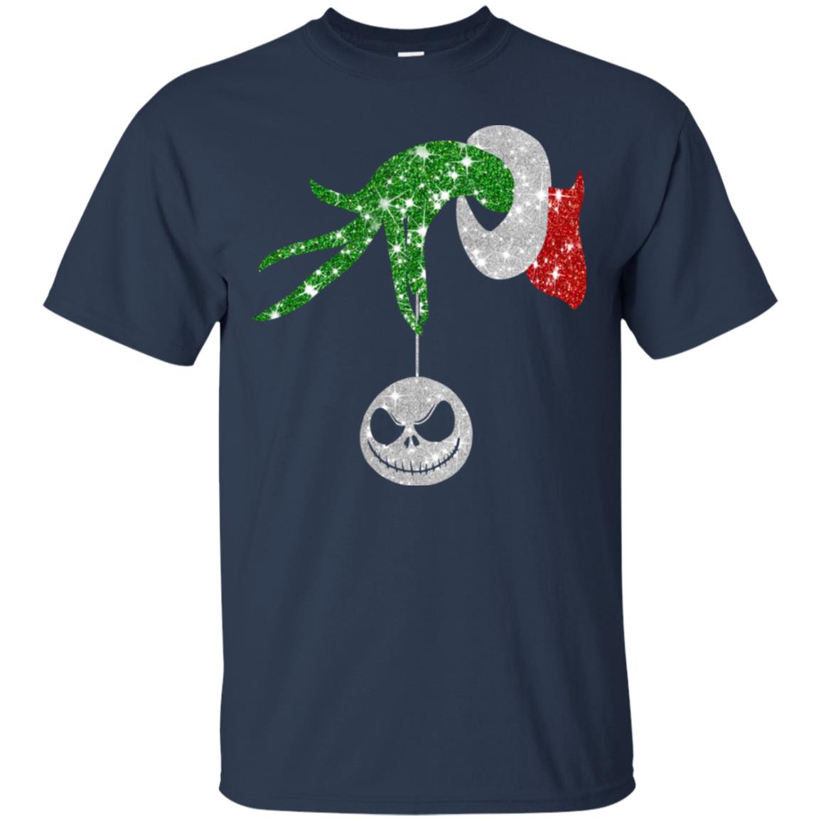 Grinch hand holding ornament Jack Skellington T shirt, Ls, Sweatshirt