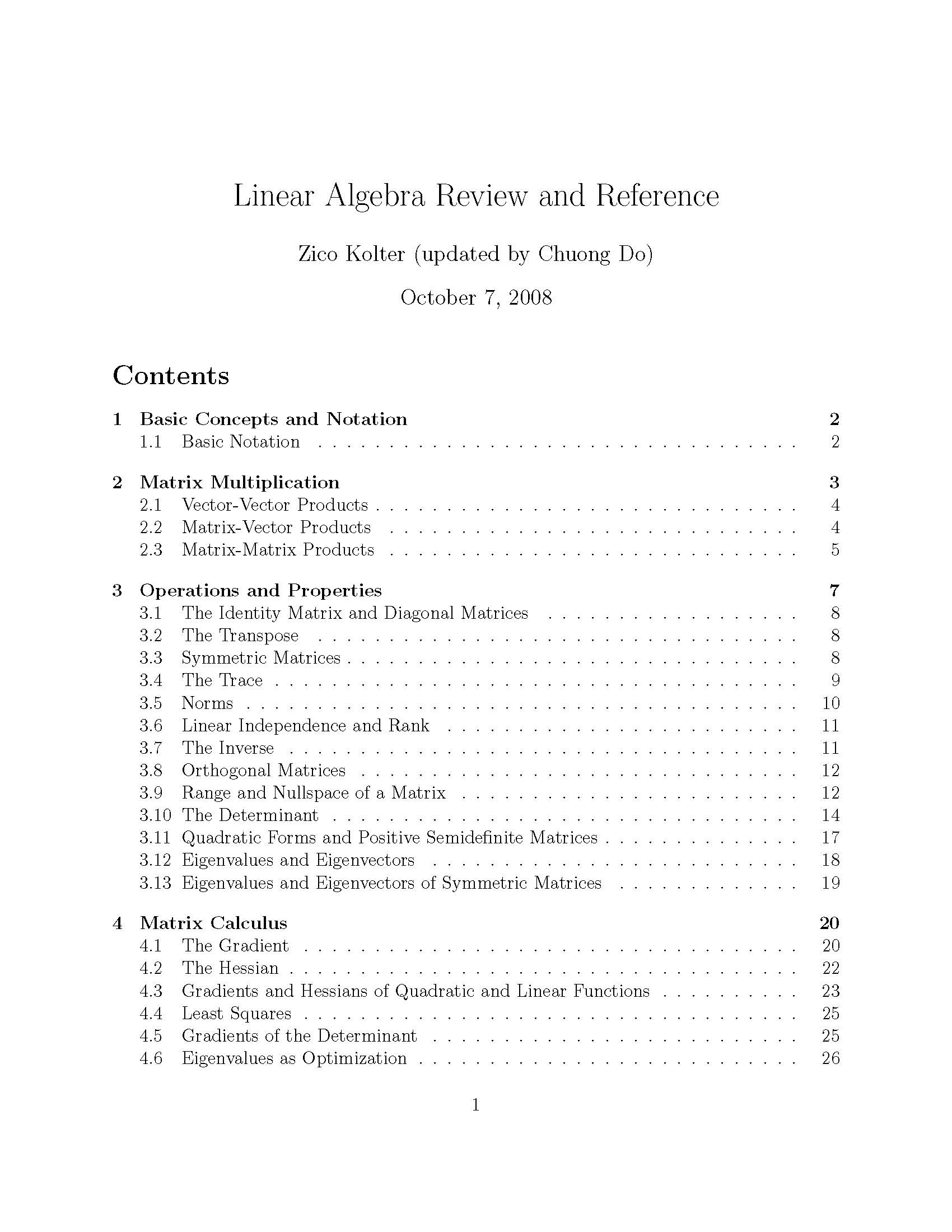 Linear Alegbra Review and Reference CMU Robotics