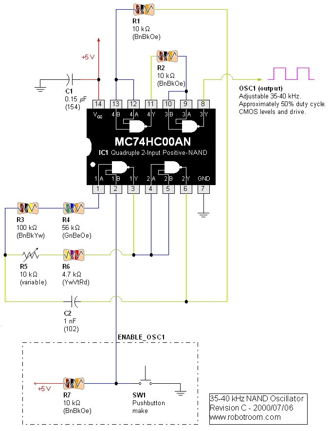 Infrared transmitter, 38 kHz 74HC00 NAND oscillator Robot Room