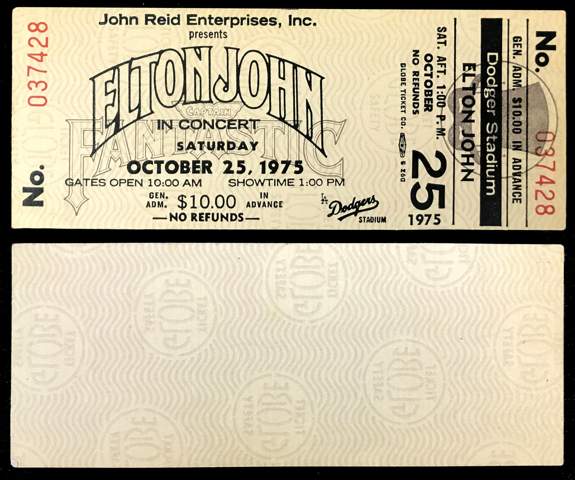 Lot Detail October 25, 1975, Concert FULL TICKET for Elton John at Dodger Stadium with 11 x 14