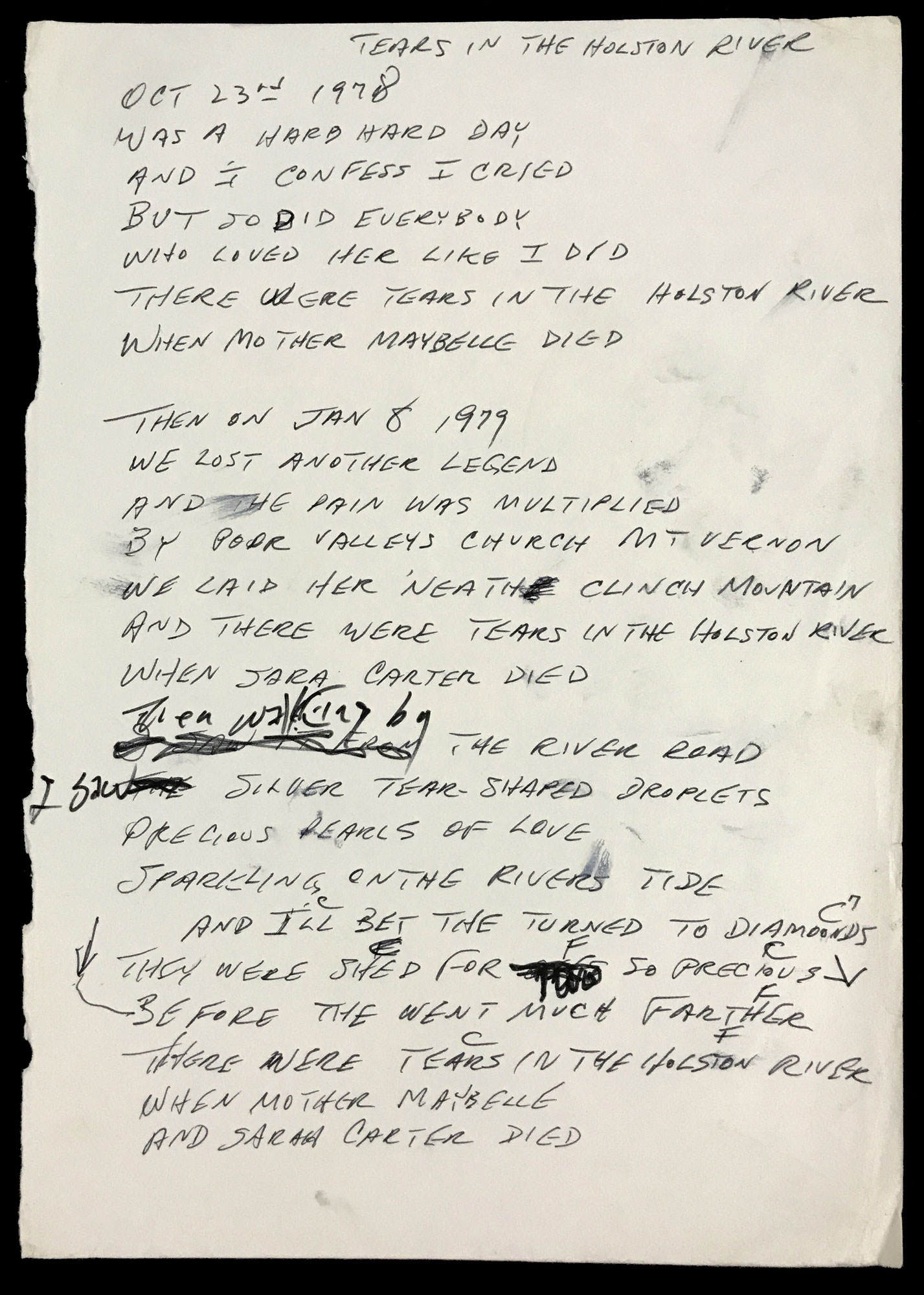 Lot Detail Johnny Cash's Handwritten Lyrics for “Tears in the Holston