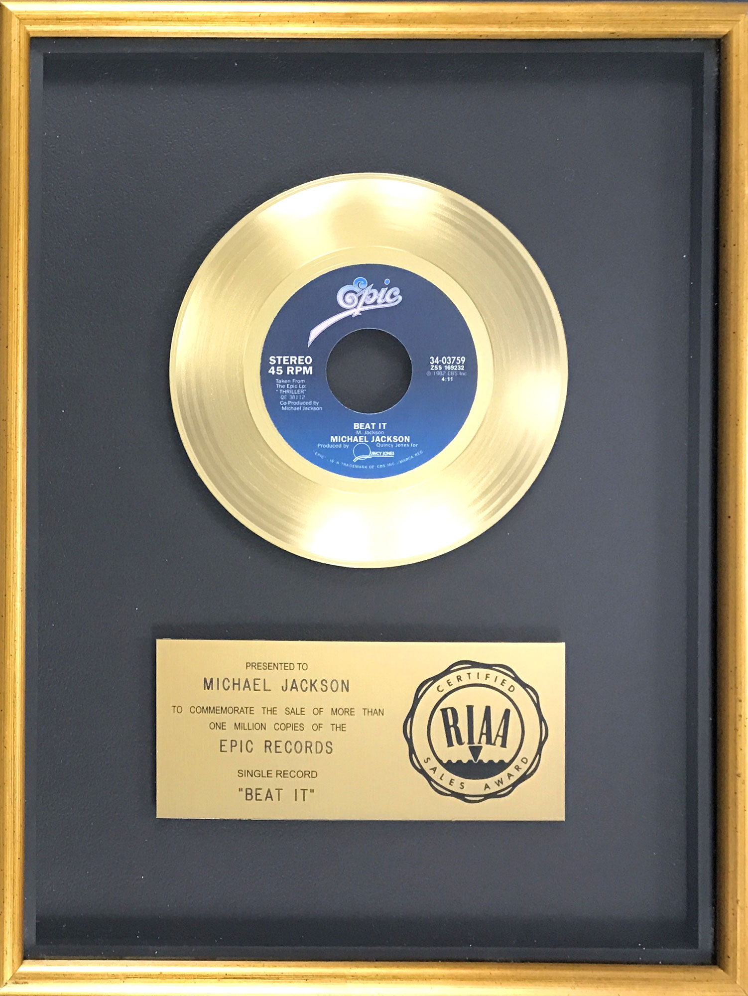 Lot Detail RIAA Gold Record Award for Michael Jackson's 1983 Single