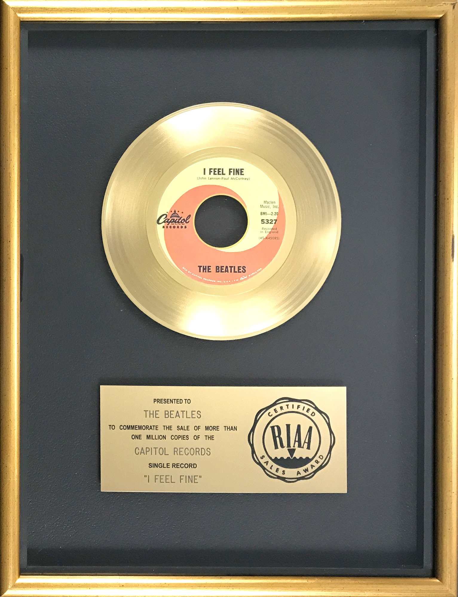Lot Detail RIAA Gold Record Award for The Beatles 1964 Single "I Feel