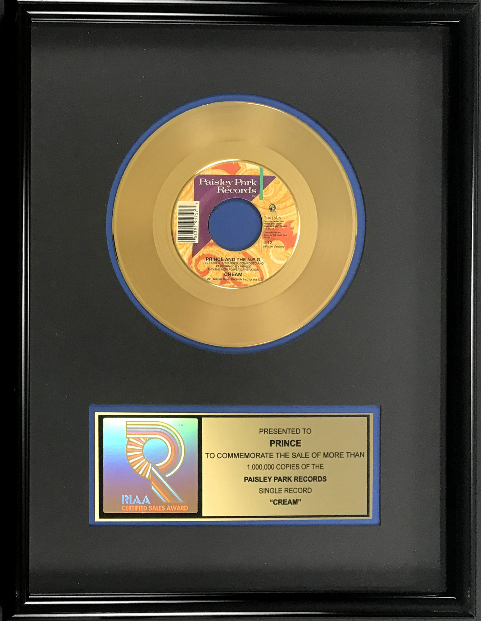 Lot Detail RIAA Gold Record Award for Prince's 1991 Single "Cream