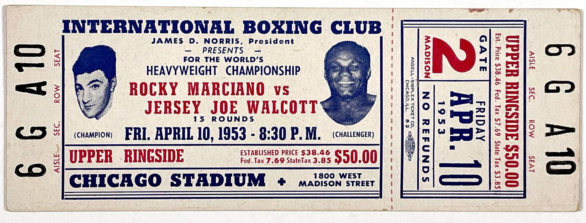 Lot Detail April 10, 1953, FULL Ticket for Rocky Marciano vs. Jersey