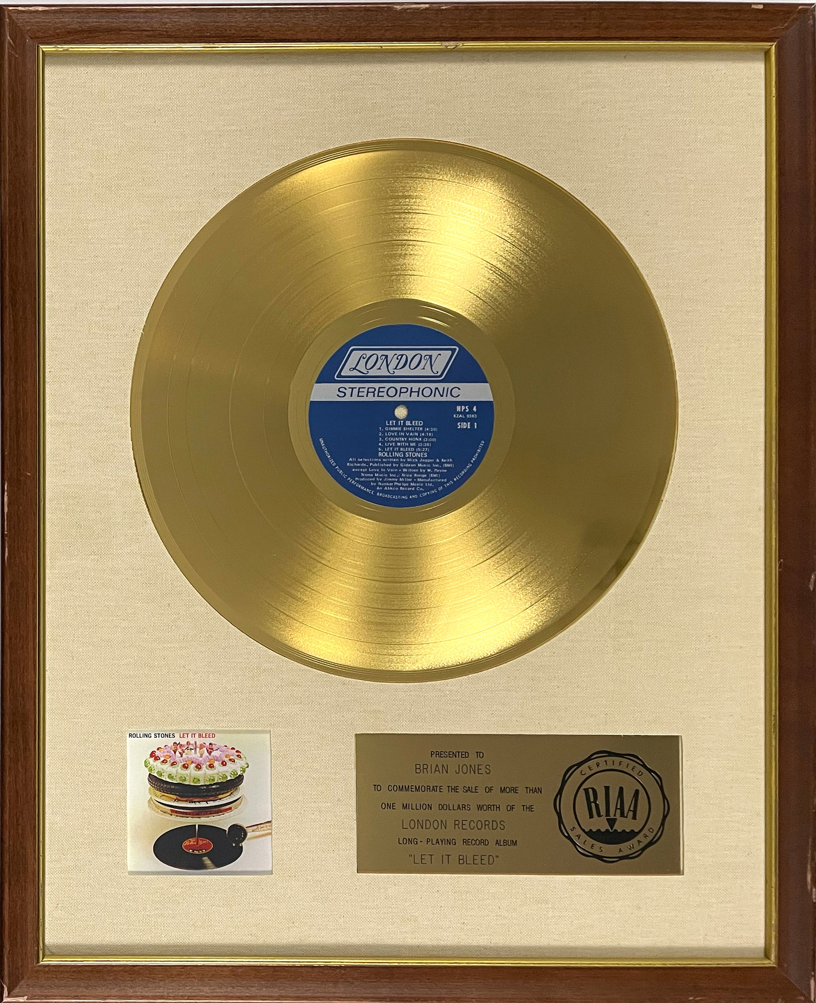 Lot Detail RIAA Gold Record Award for The Rolling Stones 1969 LP Let
