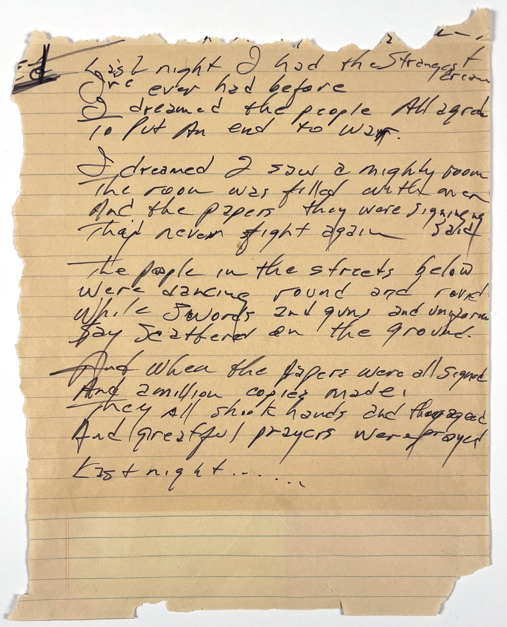 Lot Detail Johnny Cash Handwritten Lyrics for “Last Night I Had the