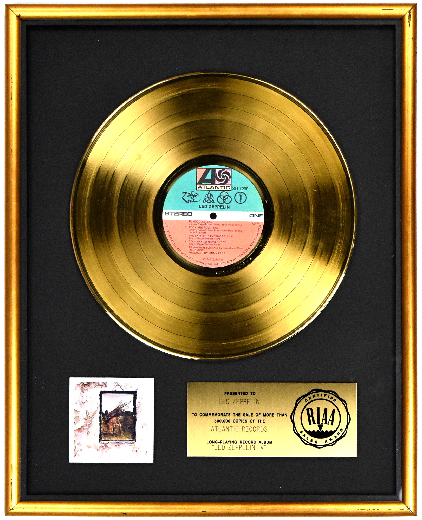 Lot Detail RIAA Gold Record Award for 1971 LP Led Zeppelin IV “Presented to LED ZEPPELIN”