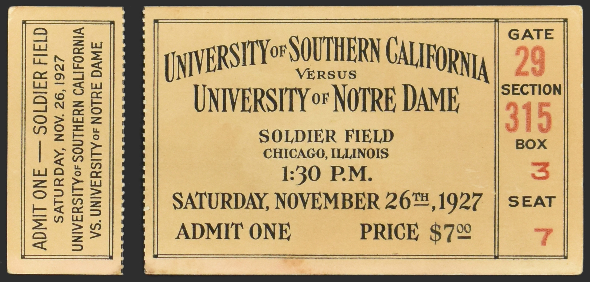 Lot Detail 1927 Notre Dame Football FULL Ticket for November 26, 1927