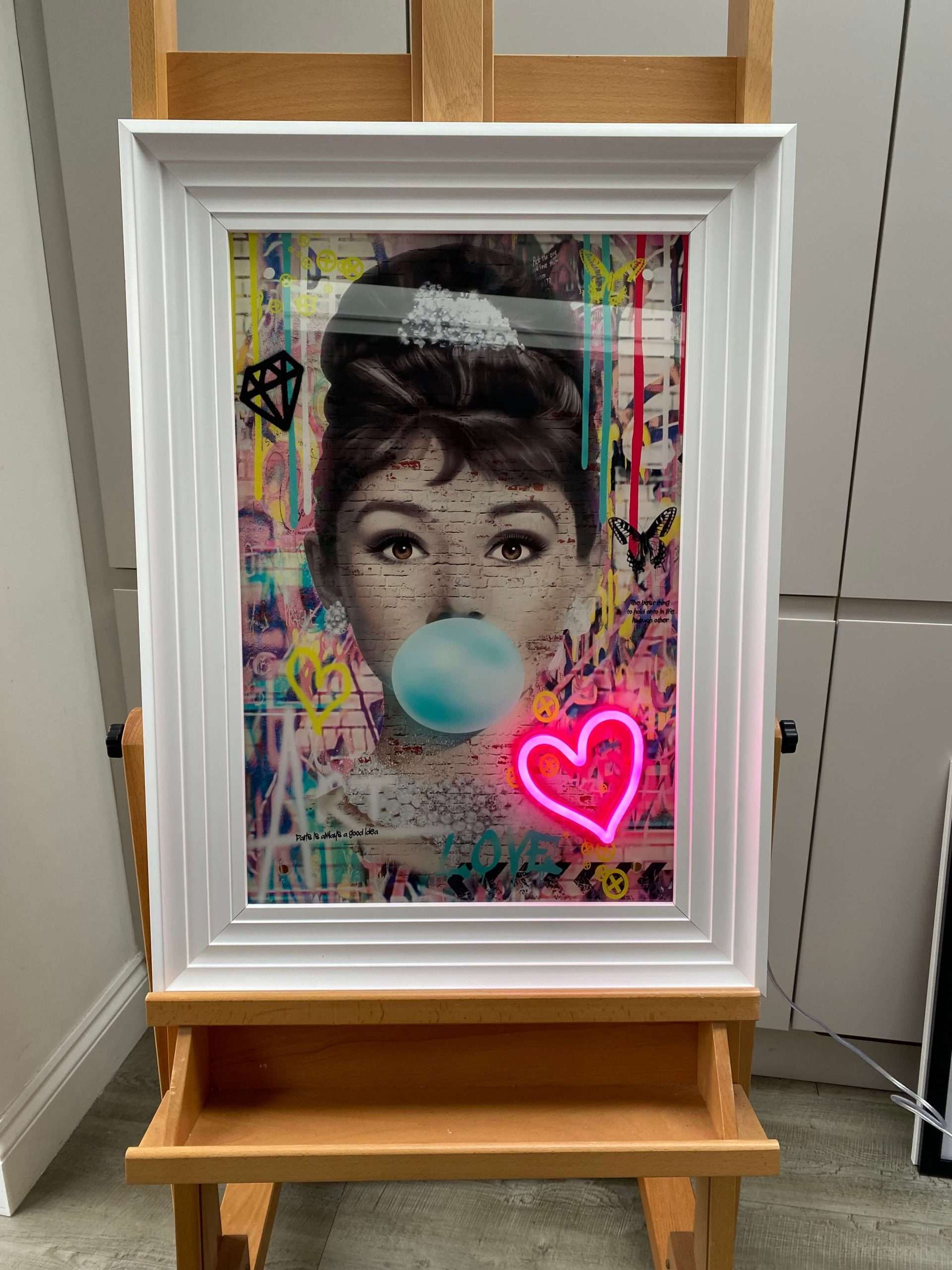 Audrey Hepburn Bubblegum LED Neon Wall Art in Premium Framed Rock