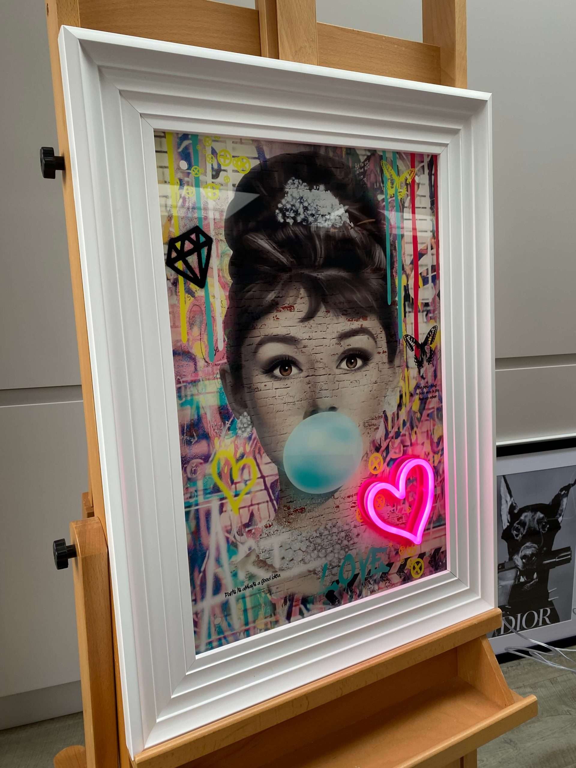 Audrey Hepburn Bubblegum LED Neon Wall Art in Premium Framed Rock