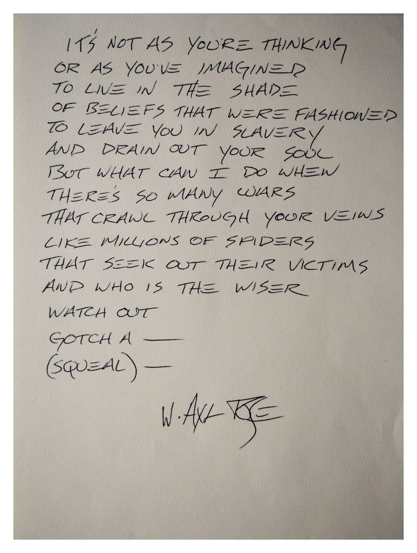 W. Axl Rose Unpublished Hand Written Lyrics, rock star galleryROCK