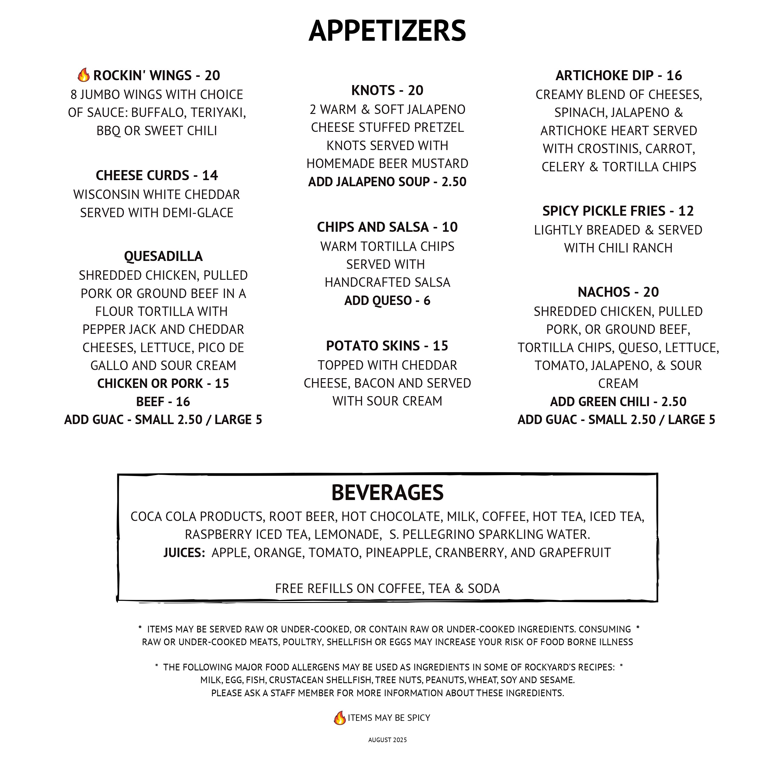 Rockyard Brewing Co. Beer and Food Menus