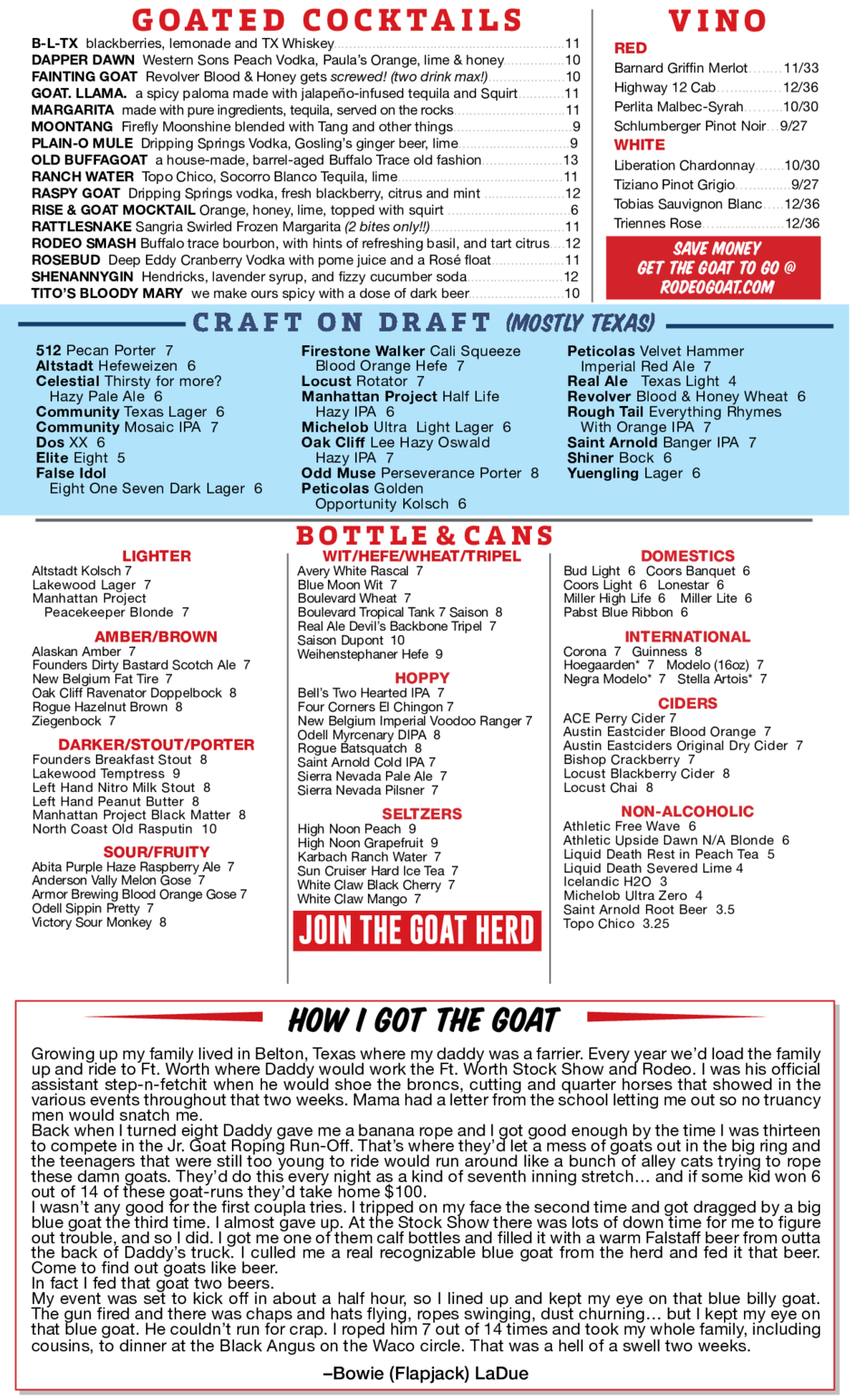 Rodeo Goat Plano Menu